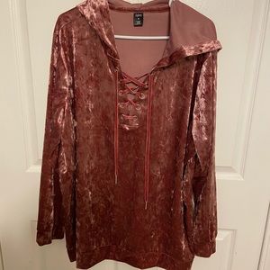Crushed velvet hooded lace up sweater